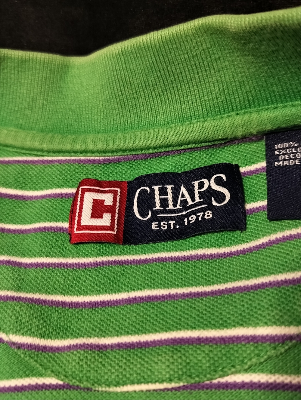 Chaps 100% Cotton Men's Green Polo Shirt With White & Purple Stripes - Medium - Picture 4 of 9